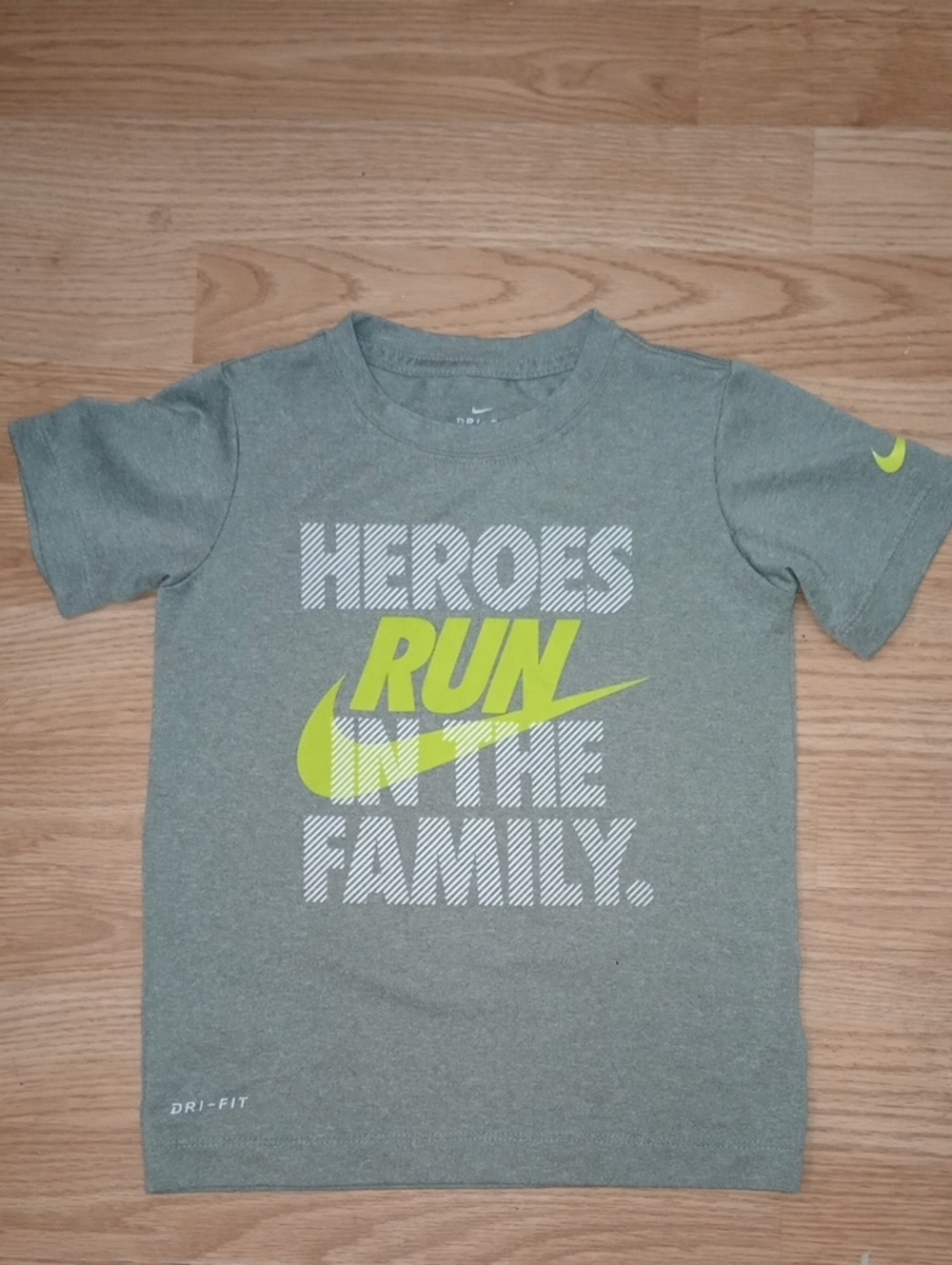 Nike Gray Tee with Neon Yellow 'Heroes Run' Graphic